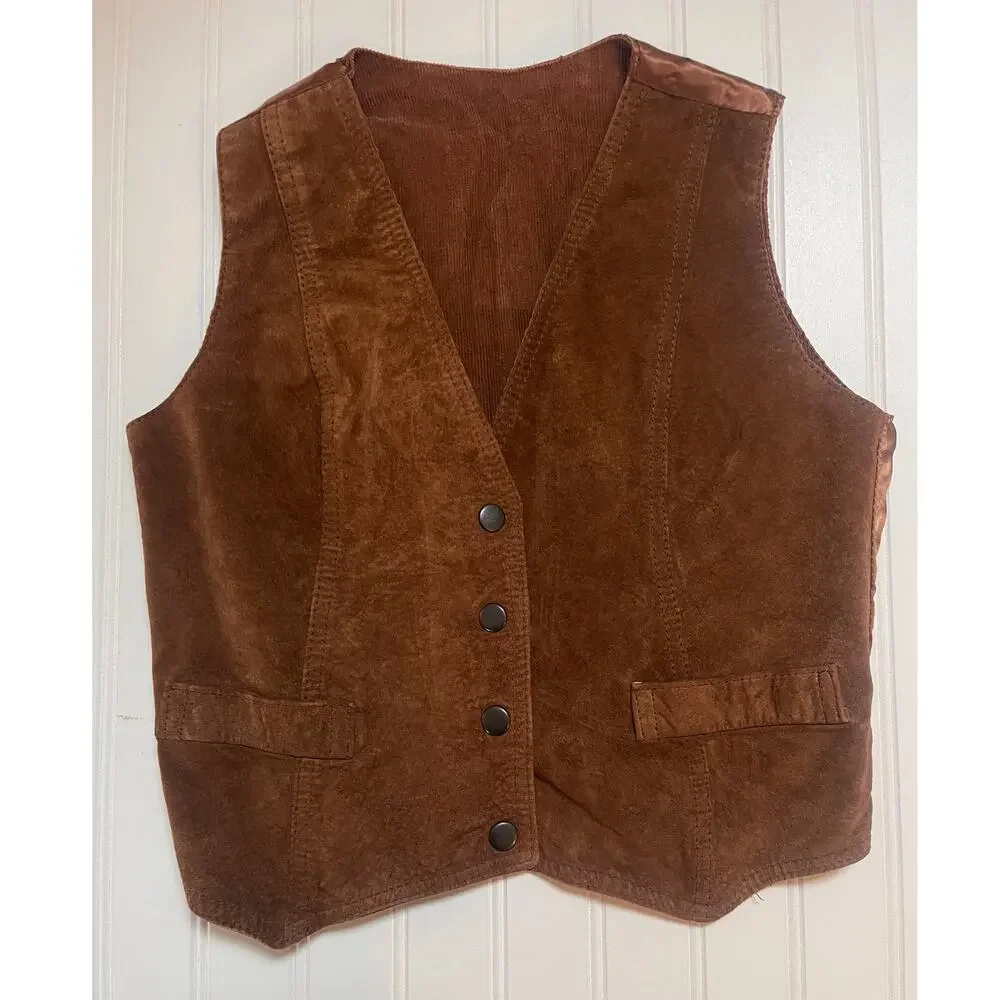 VTG Reversible Leather Suede Corduroy Vest Pointed Front Waist Coat Womens Small - Picture 1 of 8